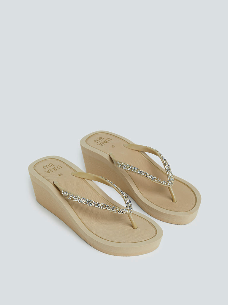 LUNA BLU Beige Embellished Wedge Heel Flip-Flops